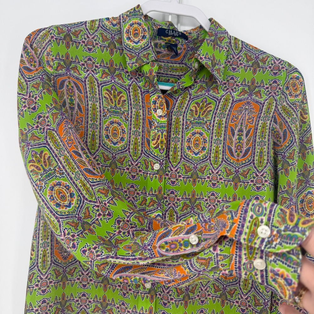 Chaps Button Down Shirt Womens XS Green Paisley Long Sleeve Boho Career Preppy - Picture 2 of 7